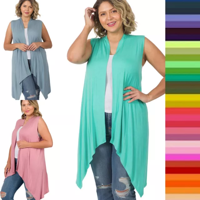 1X 2X 3X Women's Open Front Sleeveless Rayon Cardigan Hi-Low Hem Draped Vest