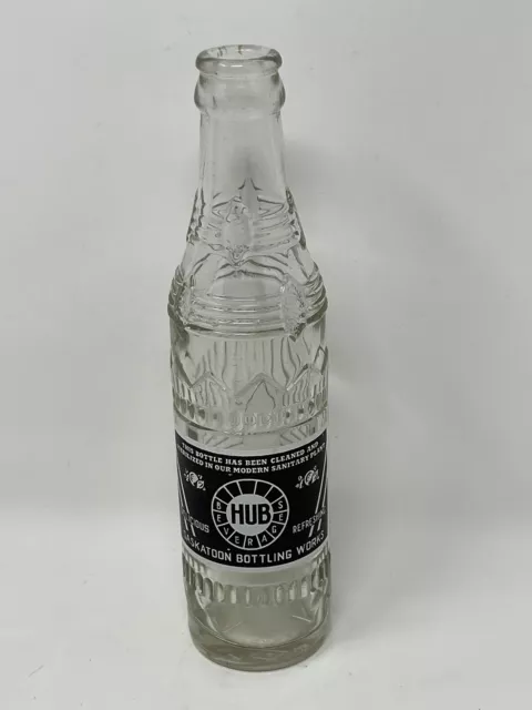 Vintage 7 Oz HUB Beverages SASKATOON BOTTLING WORKS Soda Pop Bottle SK Canada