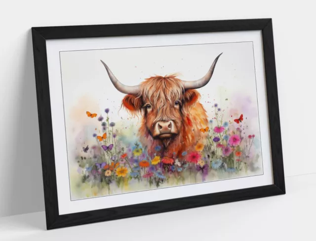 Watercolour Highland Cow & Wildflowers 1 -Framed Wall Art Poster Paper Print