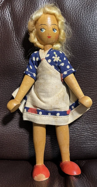Vintage Polish Made In Poland Wood Wooden Jointed Peg Folk Doll 8” Tall