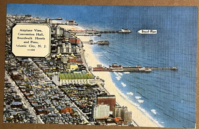 Atlantic City Boardwalk Hotel Pier Aerial View NJ Vintage Linen Postcard c1930