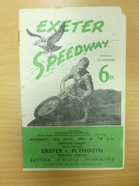 Exeter Vs Plymouth Speedway Programme 2/7/1951
