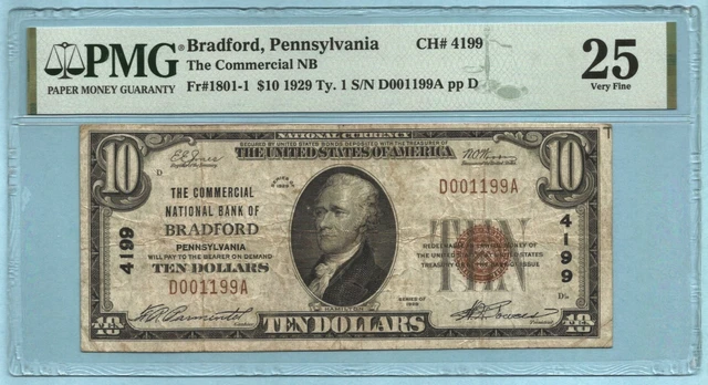 $10 National Currency 1929 T1 - Ch#4199 - Commercial NB, Bradford, PA - PMG 25
