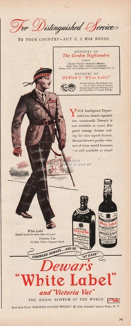 1944 Dewars White Label Scotch Gordon Highlanders WWII British Army Captain Ad