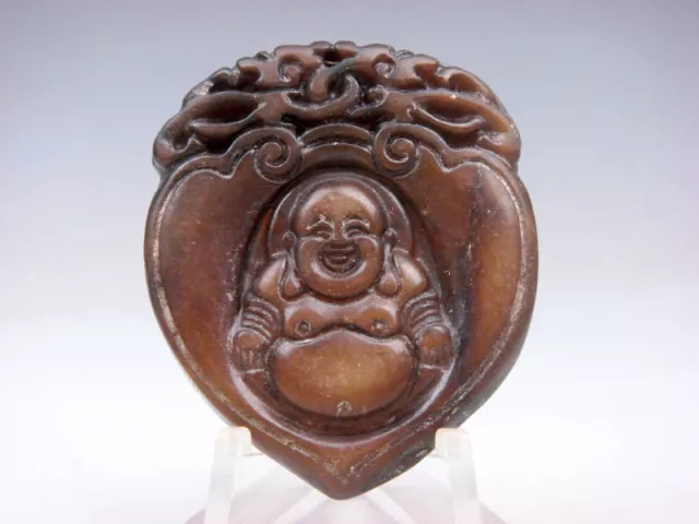 Old Nephrite Jade Hand Carved *Double Dragons Laughing Buddha* Pendant #11121806