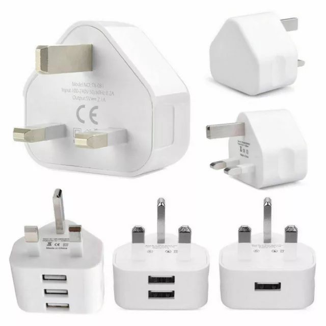 Mains UK Wall 3 Pin Plug Adaptor Charger Power 1/2/3 USB Port for iPhones Tablet