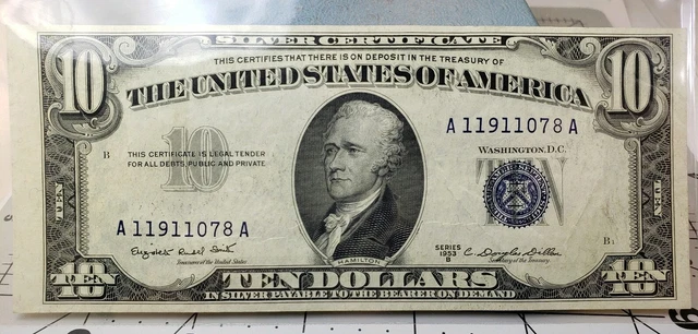 1953B $10 DOLLAR BILL SILVER CERTIFICATE BLUE SEAL NOTE MONEY CRISP Off Center