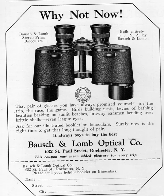 1926 Bausch & Lomb Optical Co Stereo Prism Binoculars Original Print Ad