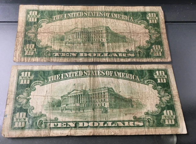 Two 1934 Ten Dollar Bills, 1 Silver Certificate Blue Seal & 1 FRN Green Seal !!! 3