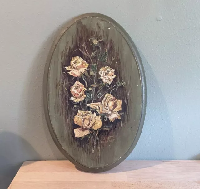 Vintage Signed Olive Green Rose Floral Painting On Wood Board Oval White Large