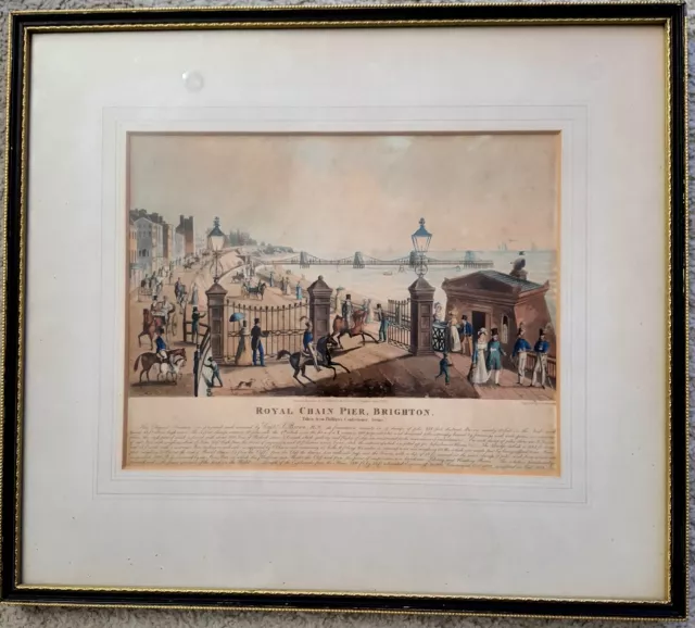 Antique & Hand Coloured Brighton Royal Chain Pier Framed Aquatint T Sutherland