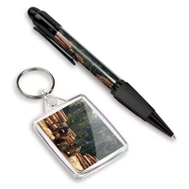 1 Pen & 1 Rectangle Keyring Timber Wood Logs Logging Trees #53484