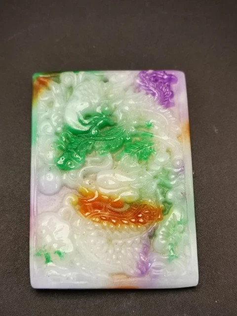 Wonderful Jadeite Jade Hand Polished Bas-relief Dragon & Phoenix Statue Y25