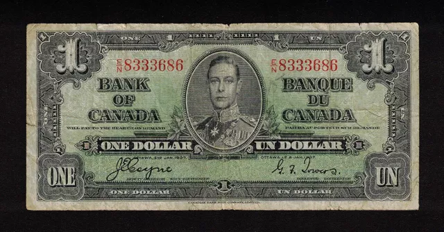 1937 $1.00 BC-21d VG+ ** Vintage COYNE Bank of Canada George VI OLD One Dollar