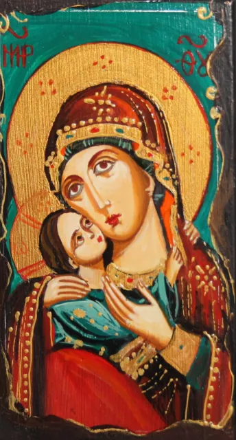 Virgen María Cristo Niño Ortodoxo Pintado A Mano Temple/Icono De Madera