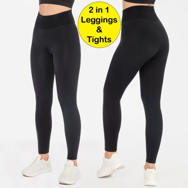 Womens High Waist 2 in 1 Leggings FLEECE LINED Tummy Control Seamless Yoga Pants
