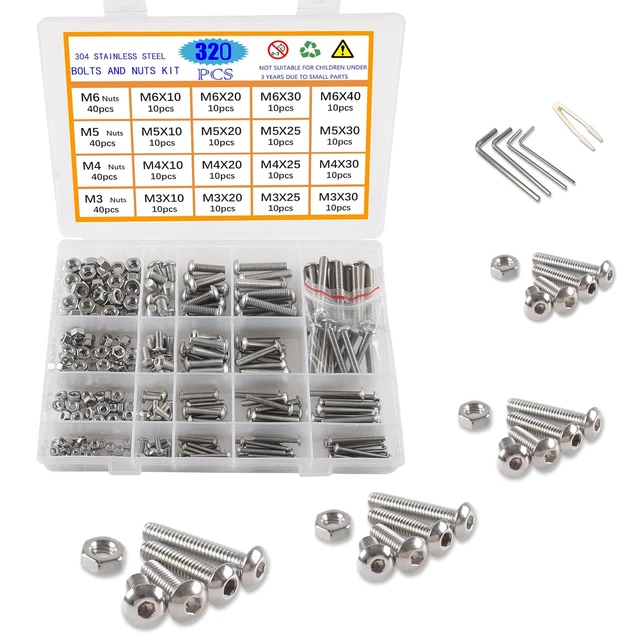 Kit Vis à Tête Boutonnée M4 M5 M6 Avec écrous Nyloc Et Rondelles - Inox A2-70, Clé Allen