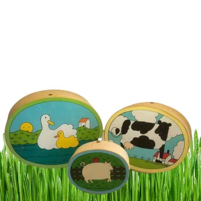 3 Nesting Oval Boxes Wooden Cow Duck Pig Country Farm Lillian Vernon 1982