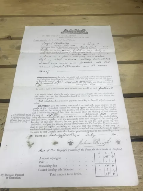 Old Staffordshire Document 1880 J Chatterton . Hawker, Of Longnor, Warrant