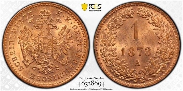 1873-A Austria 1 Kreuzer PCGS MS66RB Lot#G4448 Gem BU!