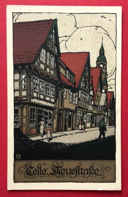Künstler Steinzeichnung AK CELLE um 1920 Blick in die Neue Strasse ( 88355