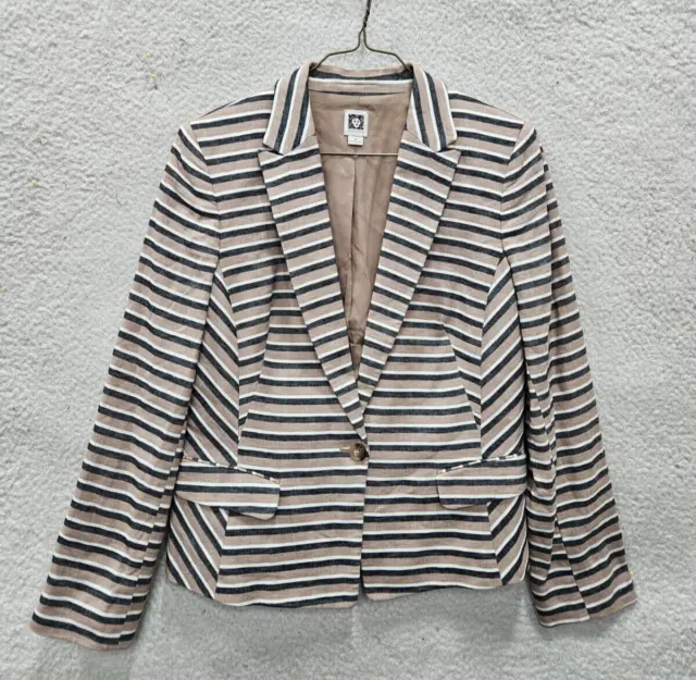 Anne Klein Jacket Women 14 Brown Striped Linen Blend Single Breasted Blazer Fit
