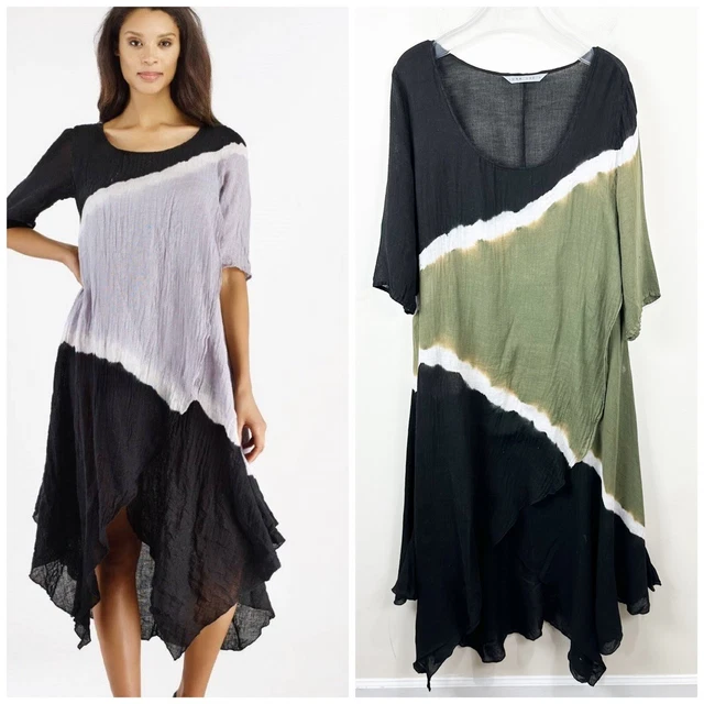 Luna Luz Linen Gauze Tri-Dye Asymmetrical Swing Dress Size Large L
