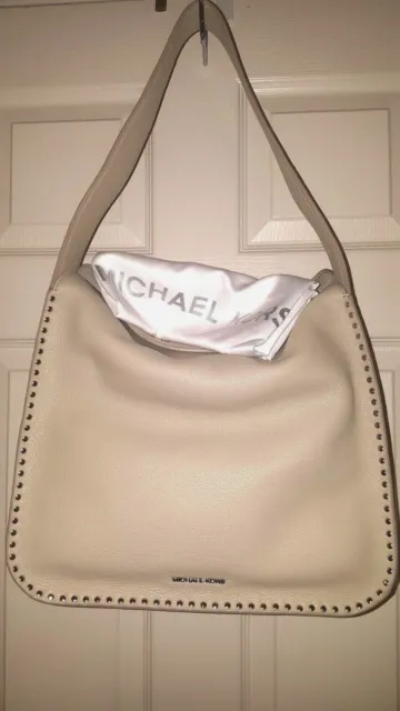 Michael Kors ASTOR 30T6SATH3L Cement/Silver Genuine Leather Sdudded LG Hobo NWT