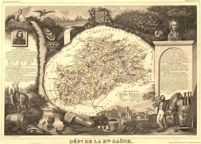 DIPARTIMENTO ALTA SAONA. Mappa/mappa decorativa antica. LEVATORE 1852