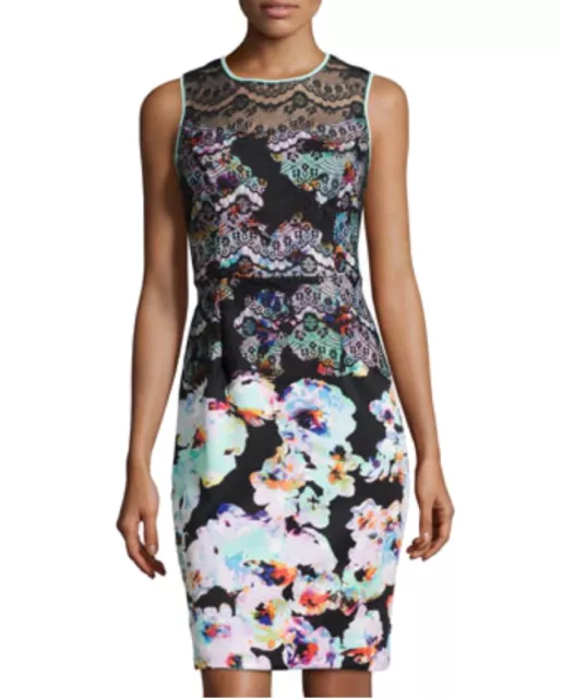 NWT Neiman Marcus Floral Print Scuba dress with Black Lace Overlay XL