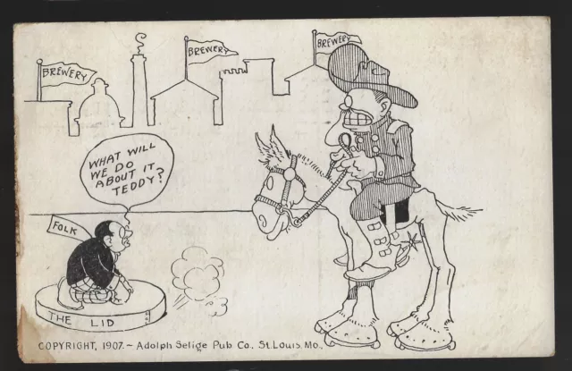 1907 Teddy Roosevelt Adolf Selige 'toon Postcard anti-Drink Gov "Holy Joe" Folk