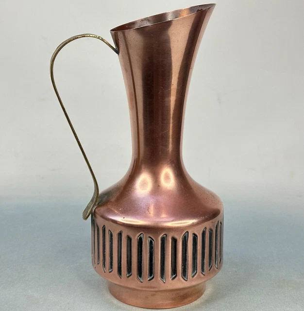 Vintage French Mid Century Copper Jug With Embossed Pattern Brass Handle