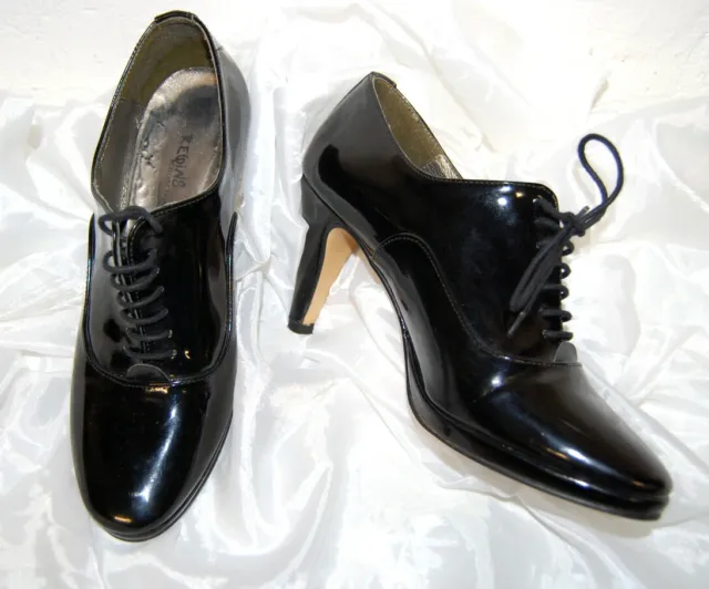Chaussures lacées à talons REQINS Fine plate-forme Cuir Noir Vernis Escarpins