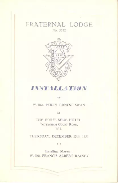 1951 LONDON MASSONERIA Fraternal Lodge 5212 Installation menu