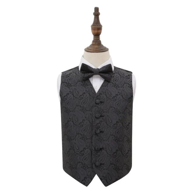 DQT Woven Floral Paisley Charcoal Grey Boys Wedding Waistcoat & Bow Tie Set
