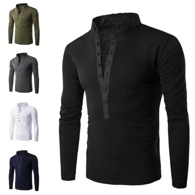 Men's T-shirt Solid Color Henley Shirts Men Comfy Long Sleeve Sport Tops Casual