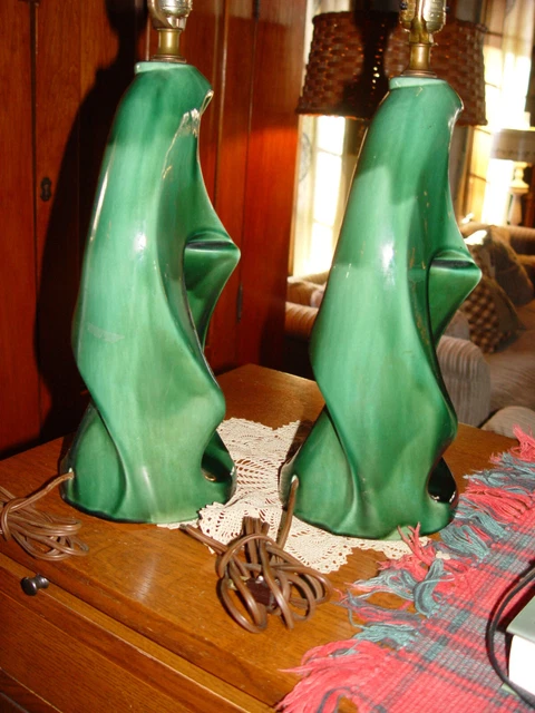 MCM Abstract green ceramic table lamp pair - 1950s 5