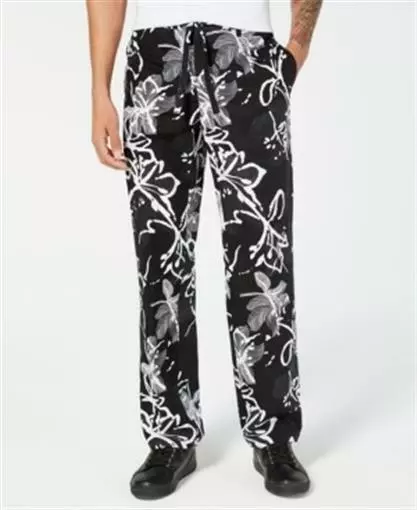 INC Mens Black White Floral Print Linen Blend Drawstring Pants 34 30