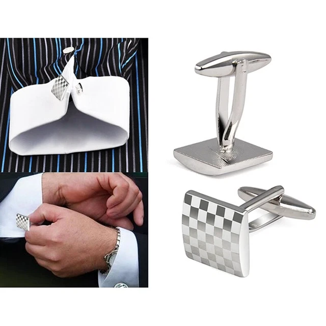 Camicia business uomo acciaio inox argento reticolo quadrato gemelli matrimonio G2S6