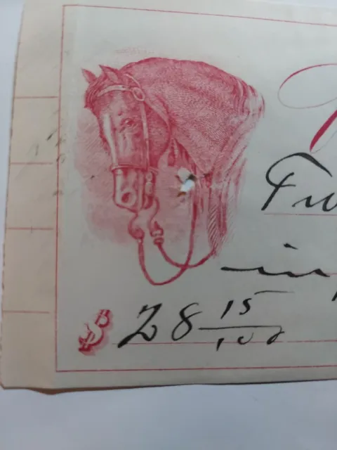 Check/ Note Received From Henry Elling 1878 RED Stallion Horse Vignette