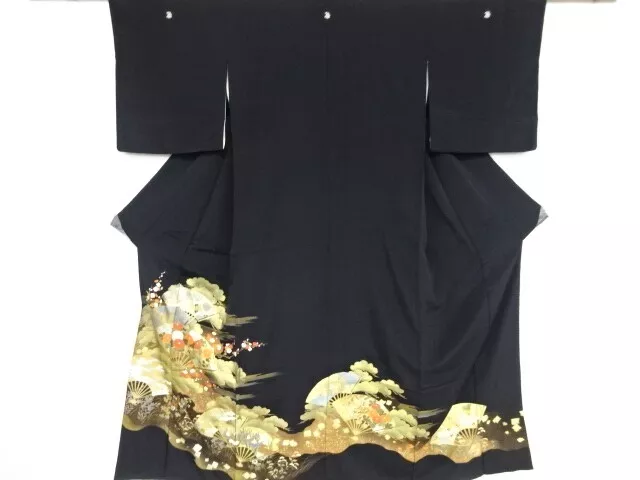 84633# Japanese Kimono / Tomesode / Kinsai / Fan With Flower & Cranes