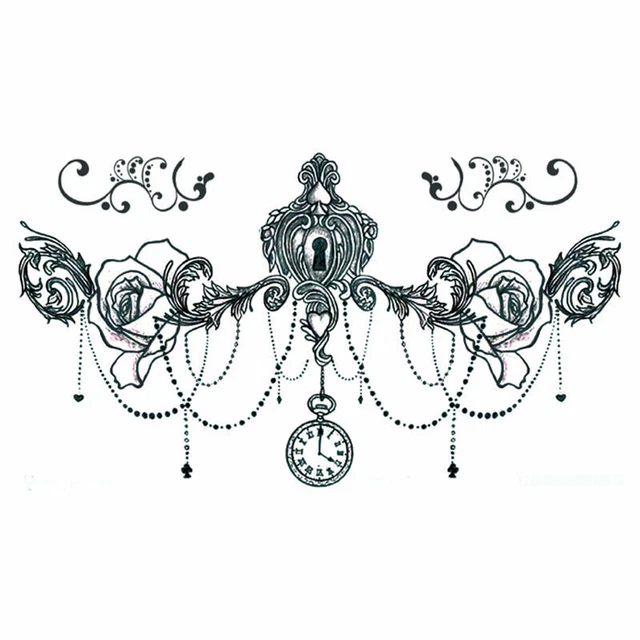 TEMPORARY TATTOO UNDERBOOB Clock, Locket, Roses, Key, Back Chest Body