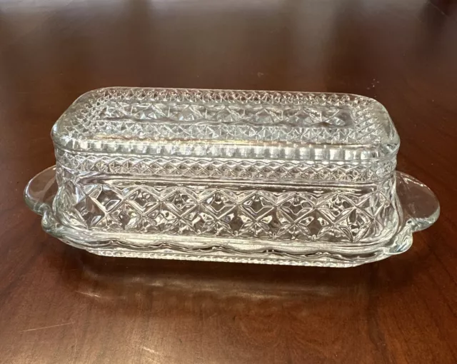 Vintage Anchor Hocking Wexford Clear Glass Butter Dish and Lid Diamond Cut Glass