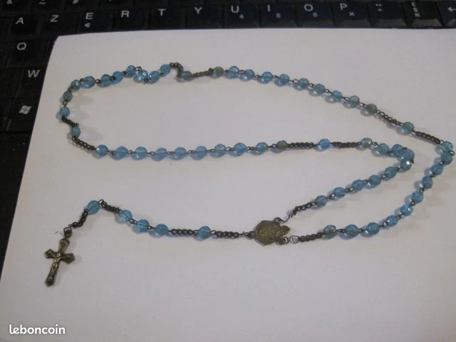 Ancien Chapelet Perles Verre Bleu - Croix Et Médaille émaillées - France