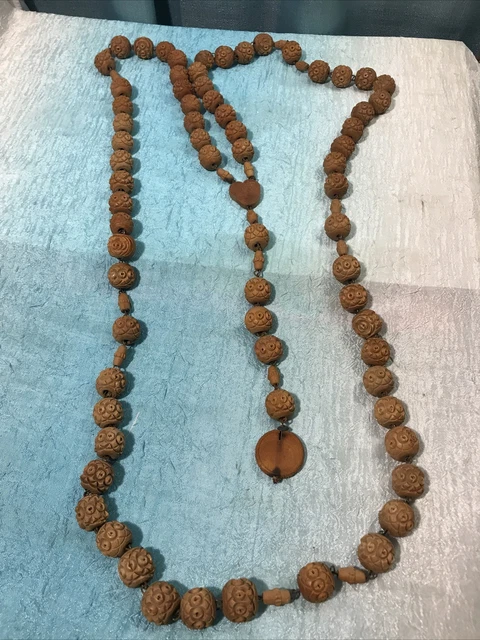 French Rustic Vintage Wooden Wall Hanging Rosary Immaculate Heart Hand Carved