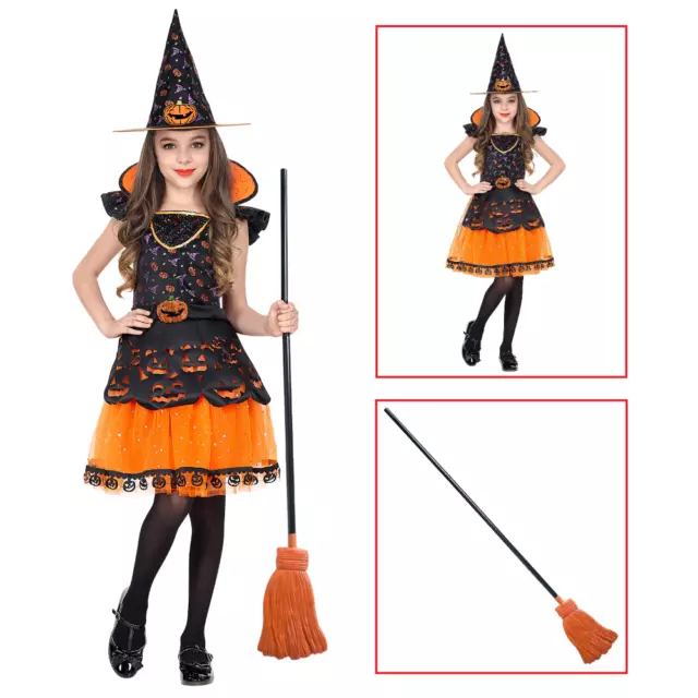Costume Con Accessori Strega Cappello Scopa Storta Travestimento Halloween 5/7