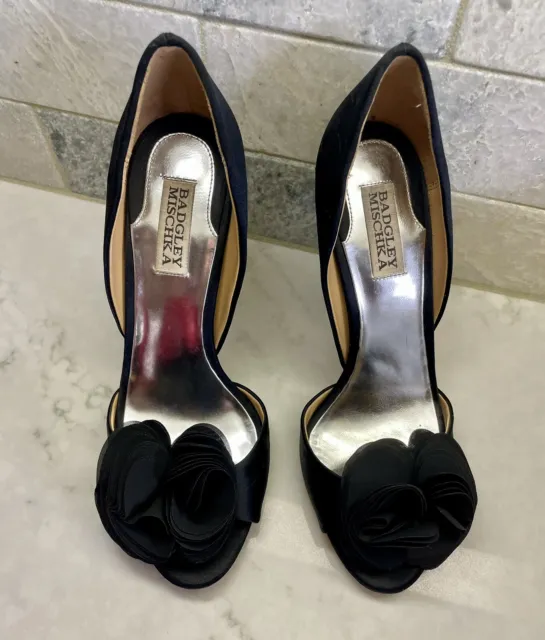 Badgley Mischka Black Satin D’Orsay Peep Toe Evening Pumps Flower Embellished 8M