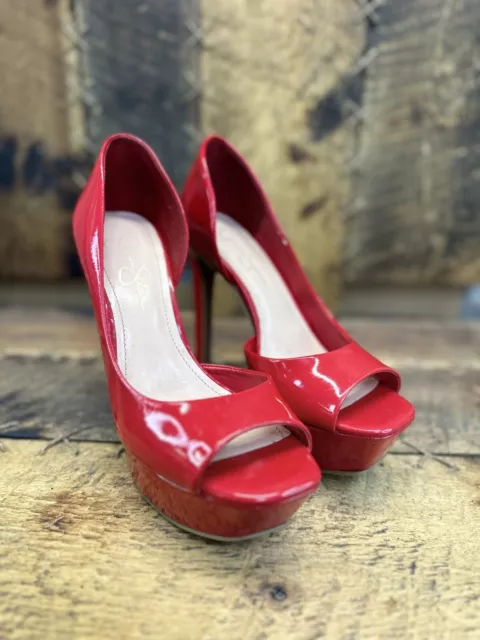 Jessica Simpson Red Peep Toe Patent Platform Women's Heels Pump Sz 8.5 2