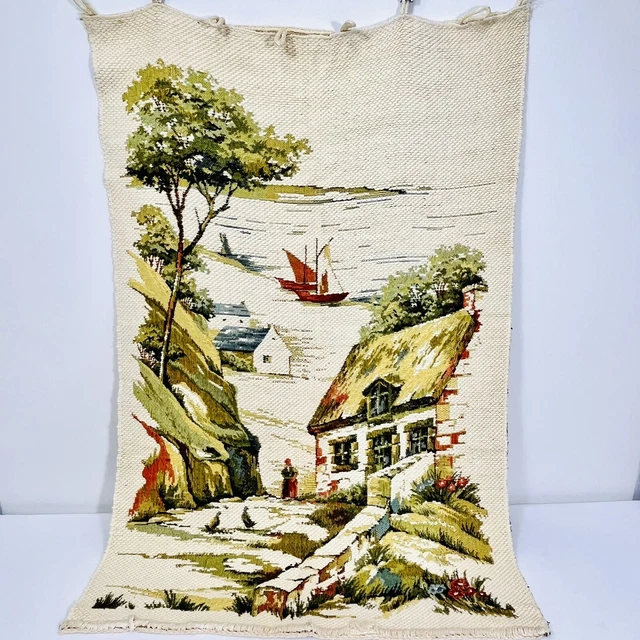 Tapiz con aguja colgante de pared junto al mar veleros cabaña 24""x 35"" completado