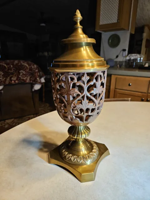Beautiful Solid Brass/Cast Iron Two Tone Lidded Incense Candle Holder 2